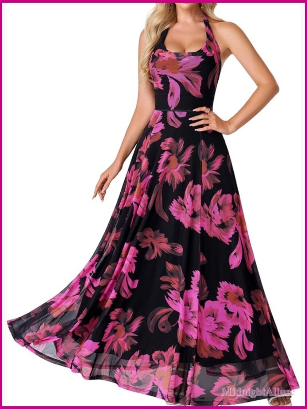 Floral Halter Cowl Neck Maxi Dress Sleeveless A-Line Formal Beach Wedding Guest